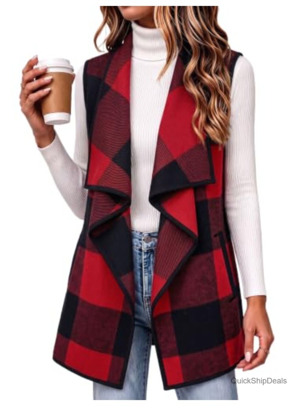 Women Sleeveless Long Plaid Flannel Vest Jacket with Pockets Open Front